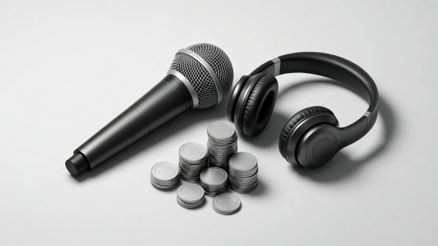 마이크와 음성 파형 오브젝트를 크레딧 원판과 함께 놓은 장면